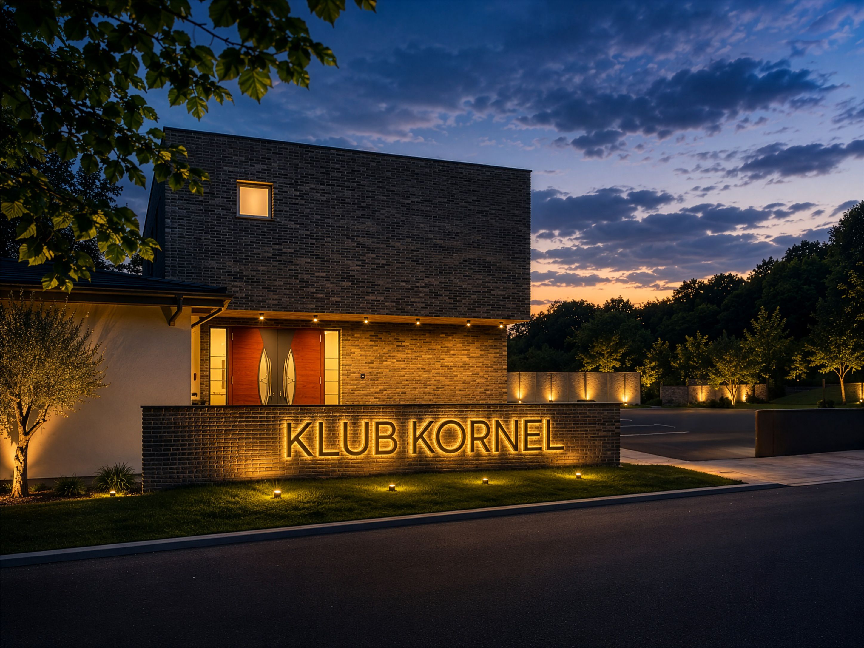 Klub Kornel at dusk — the lit sign and the entrance to the estate
