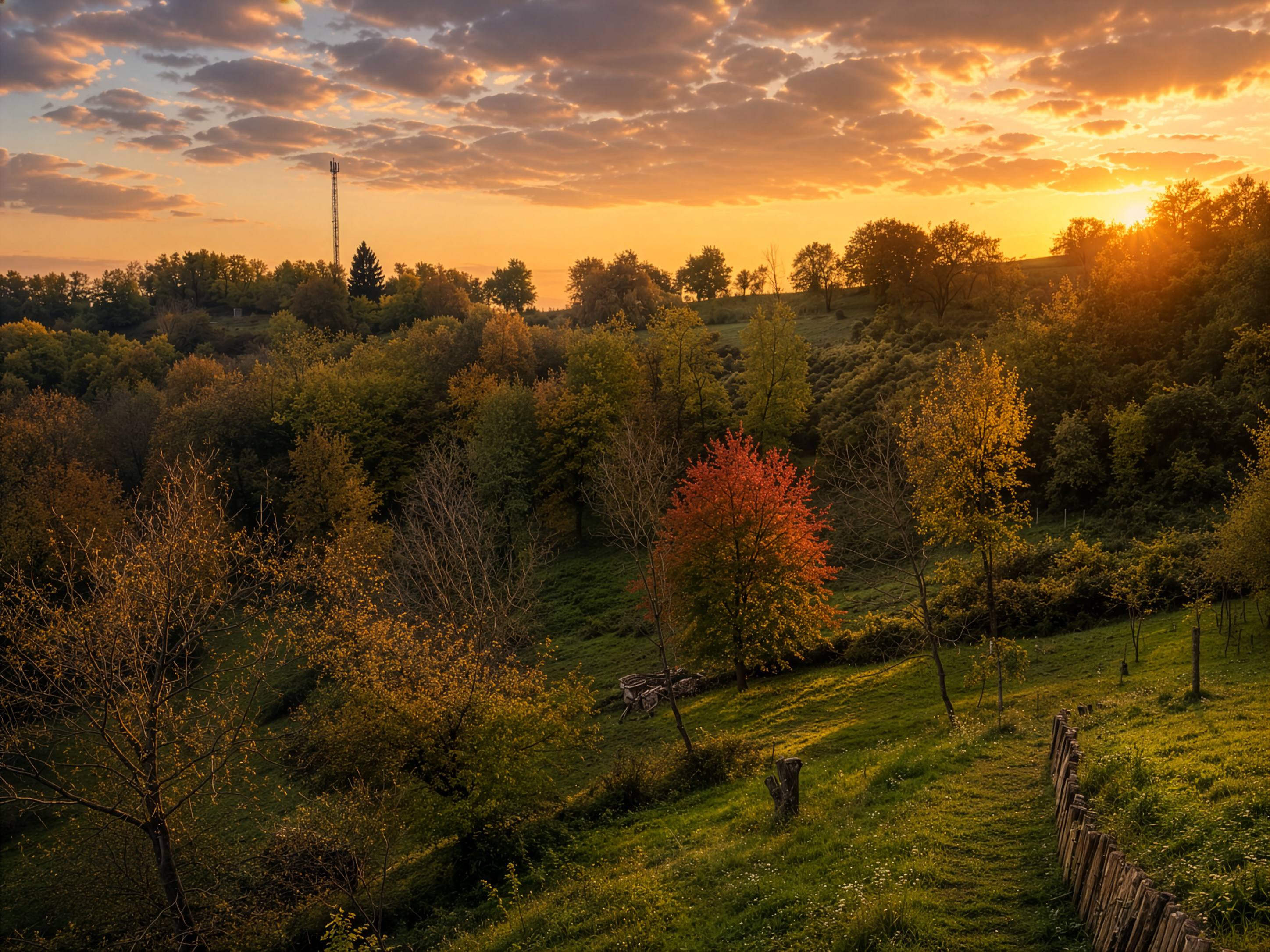 The landscape of Donja Drenova at sunset — hills, trees and meadows